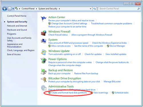 Windows 7 System and Security, Administrative Tools, Hard Disk Partitions